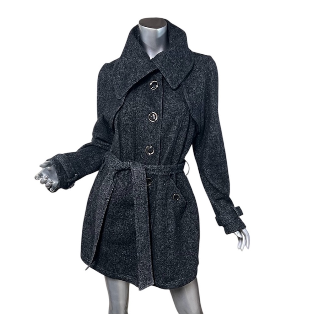 BCX Cotton Blend Button Front Tie Waist Collar Pea Coat Jacket Grey Juniors XL